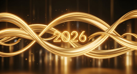 Luxurious Golden Wavy Abstract Background with Glowing Neon Year 2026 Celebration