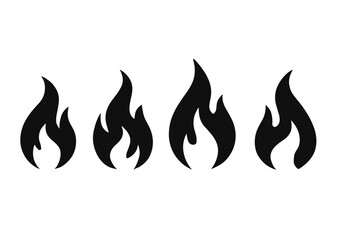 Set of four black flame icons representing fire, heat, energy, and danger symbols