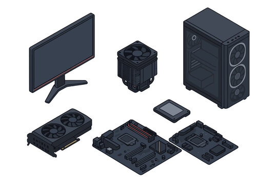 Essential desktop computer hardware components displayed in an isometric style