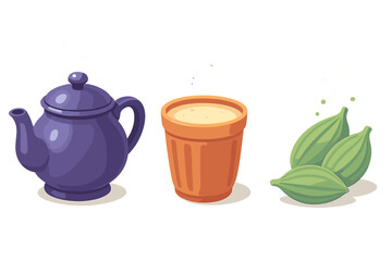 Traditional Indian Masala Chai ingredients, teapot, kulhad cup, and cardamom pods composition