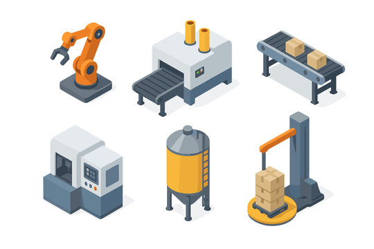 Automated factory production line equipment and industrial machinery in isometric style