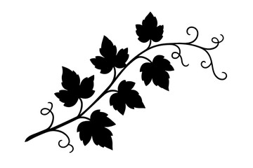 Stylized black grape vine branch with leaves and delicate curling tendrils