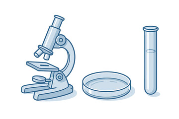 Scientific research tools featuring a microscope, petri dish, and test tube for biological experiments