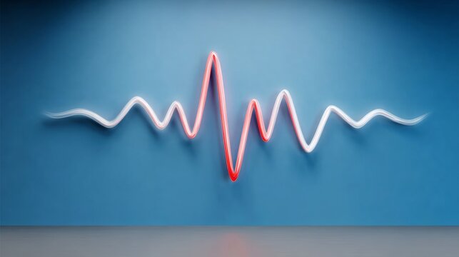 Abstract illustration of a heartbeat waveform in vibrant red and white colors against a smooth blue background, symbolizing life, energy, and vitality in a modern design aesthetic