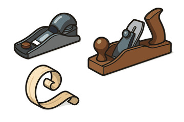 Classic woodworking hand tools, including a block plane, smoothing plane, and wood shaving