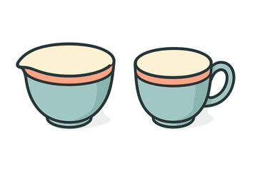 Matching ceramic creamer pitcher and coffee cup set with colorful striped design