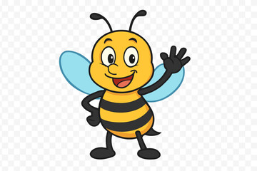 Cheerful cartoon bee mascot character standing and waving hand with a wide smile