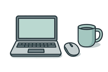 Laptop computer, wireless mouse, and coffee mug arranged for a remote work setup