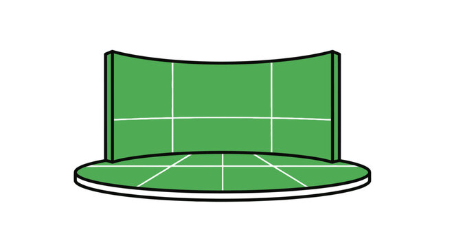 Curved green screen stage with grid lines illustration.