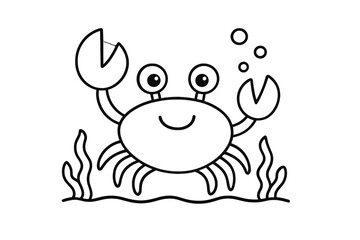 Simple cute smiling cartoon crab outline standing on seabed with seaweed and bubbles