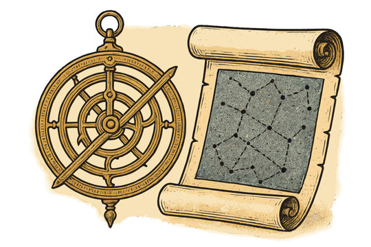 Vintage astrolabe instrument and ancient celestial map scroll for navigation and astronomy
