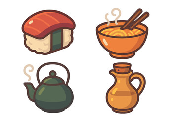 Stylized Asian food and beverage items featuring sushi, ramen, teapot, and oil cruet