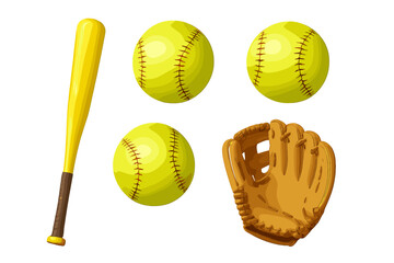 Bright yellow softball bat, three softballs, and a brown leather catcher's mitt on white background