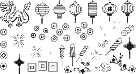 Set of traditional chinese new year celebration elements like dragon, lantern, firework, coin, and plum blossom in black and white sketch style