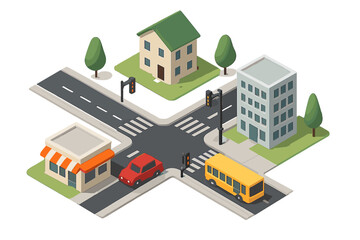 Isometric city intersection with residential and commercial buildings and traffic flow