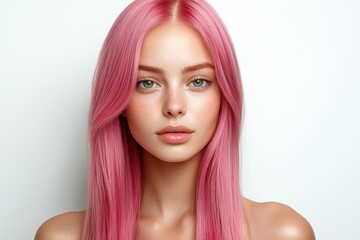Naklejka premium A captivating portrait of a woman with vibrant pink hair and striking blue eyes, creating a serene and engaging connection with the viewer. Perfect for conveying beauty