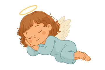 Cute sleeping baby angel with golden halo and soft white wings resting peacefully