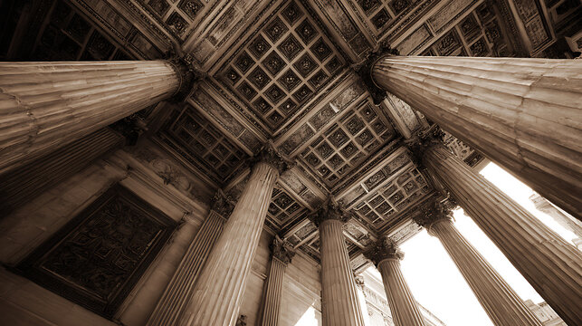 Grandiose Ionic Columns Supporting Ornate Coffered Ceiling architecture ornate ceiling