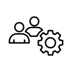 Outline icon of two people and a gear, representing teamwork and process, isolated on
