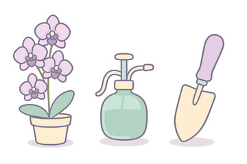 Potted orchid flower, water mister spray bottle, and gardening trowel set for houseplant care