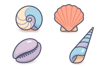 Colorful marine seashells assortment featuring spiral, fan, cowrie, and cone shapes