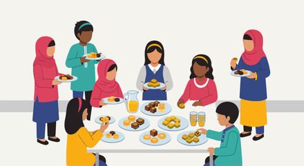 Diverse group of children and adults enjoying a communal meal together in a