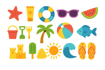 Colorful summer vacation and beach holiday icons and objects on white background
