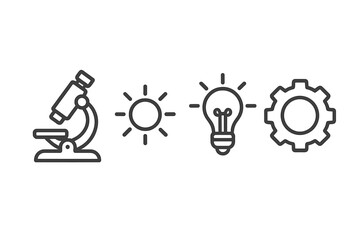 Microscope sun lightbulb and gear symbols representing science and technology concepts