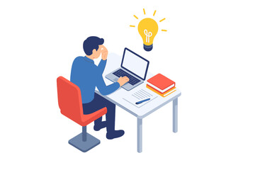 Creative businessman working on a laptop at a desk having a sudden bright idea