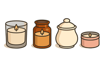 Burning scented candles in glass, ceramic, and metal containers for aromatherapy and relaxation