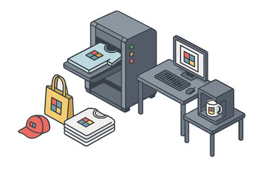 Custom merchandise printing workflow showing a heat press machine, computer, and various printed products