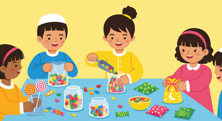 Children Enjoying Candy and Lollipop Party Activities in a Bright Playroom