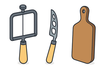 Essential kitchen tools for serving cheese including a wire slicer, knife, and wooden cutting board