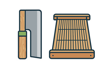 Traditional Japanese kitchen knife and wooden grating stand for food preparation