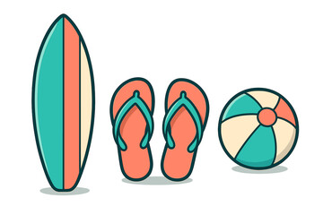 Colorful summer beach essentials set including a surfboard, flip flops, and inflatable beach ball for vacation fun