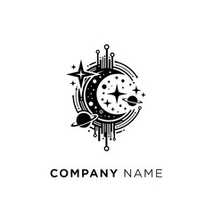 Obraz premium Celestial Technology Logo with Crescent Moon and Planets.