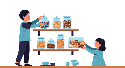 Children Selecting Cookies from Tiered Shelves in a Cozy Pantry Scene