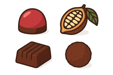 Assortment of gourmet chocolate bonbons, truffles, and a fresh cacao fruit pod