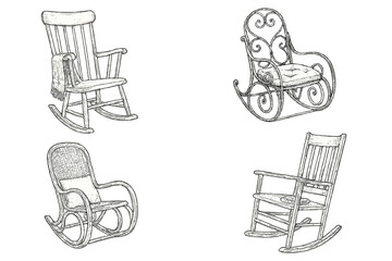Collection of four antique and vintage rocking chairs in detailed hand drawn sketch style