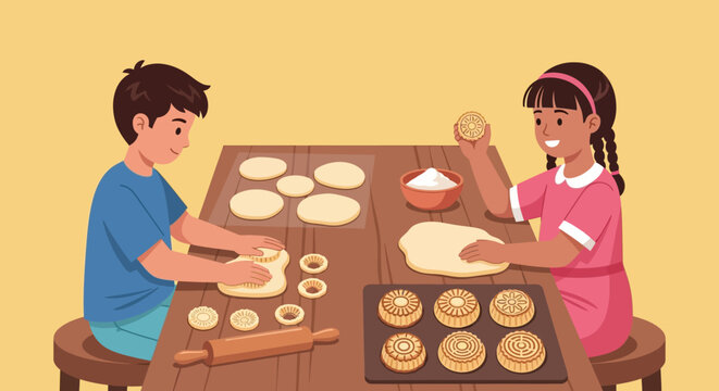 Children Baking and Preparing Dough with Cookies in a Cozy Kitchen Scene