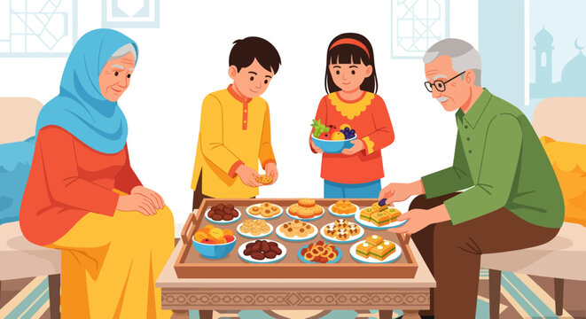 family enjoying traditional festive meal together in a cozy living room with