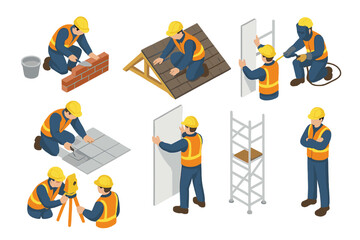 Isometric construction workers performing building tasks like masonry, roofing, welding, and tiling