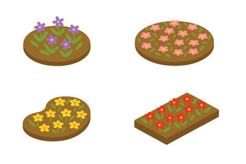 Set of four isometric flower beds with various colorful blooming plants in brown soil