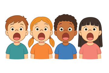 Diverse group of children expressing shock or amazement with open mouths and wide eyes