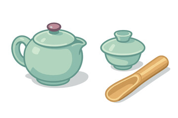 Traditional Chinese tea ceremony set including teapot, gaiwan, and wooden scoop