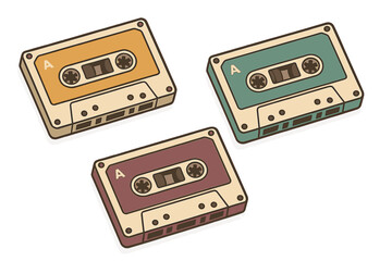 Fototapeta premium Three colorful vintage compact audio cassettes for retro music and analog sound