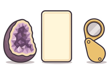 Amethyst geode crystal, blank label card, and jeweler's loupe for gemstone inspection