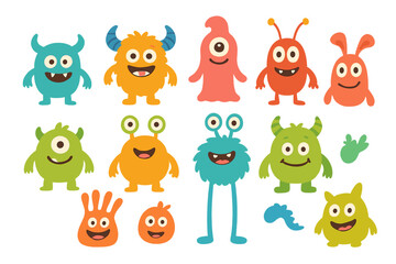 Set of adorable smiling alien creatures in various shapes and bright colors