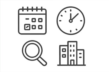 Calendar clock magnifying glass and buildings for business planning and scheduling