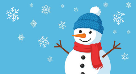 Happy cartoon snowman wearing a winter hat and scarf with falling snowflakes on a blue background